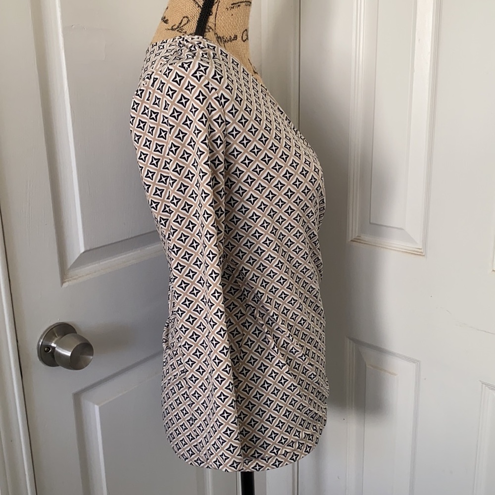 Tan/White/Black Patterned 3/4 Sleeve Faux-Wrap Top - Picture 4 of 4